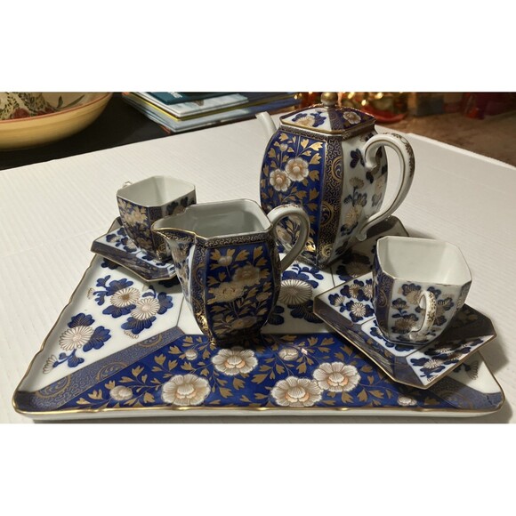 Antique 7 Piece Fukagawa Koransha Cobalt Blue and Gold Gilt Tea Set W Platter - Picture 2 of 15